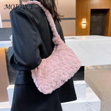 Vintage Plush Fur Flower Shoulder Bag Winter Casual Small Armpit Bag