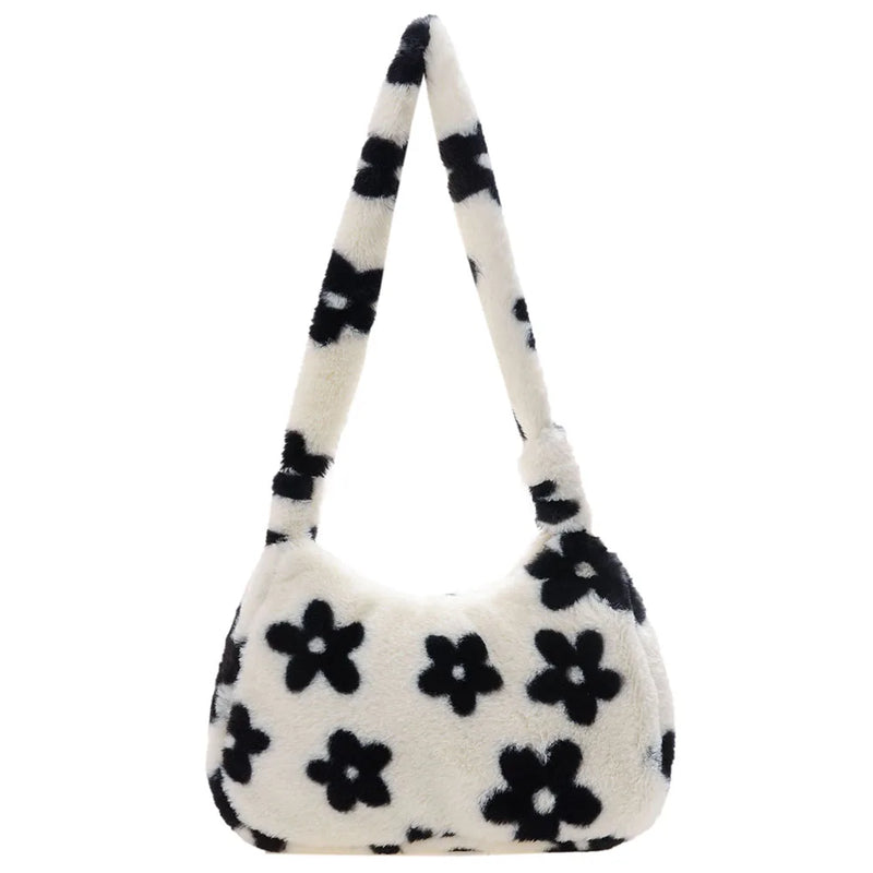 Vintage Plush Fur Flower Shoulder Bag Winter Casual Small Armpit Bag