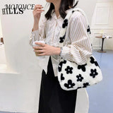 Vintage Plush Fur Flower Shoulder Bag Winter Casual Small Armpit Bag