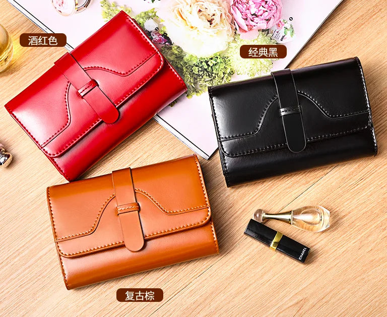 Vintage Oil Wax Cowhide Leather Buckle Wallet Card Bag
