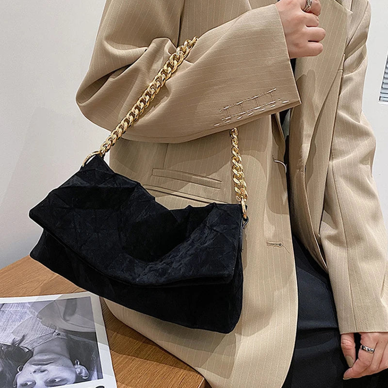 Vintage Suede Underarm Bag with Chain Crossbody Strap
