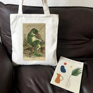 Violin Frog Print Canvas Shopping Bag Female Cotton Cloth Shoulder Bag