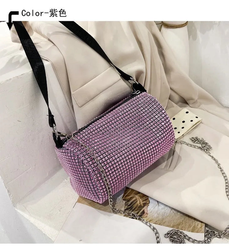 Autumn Rhinestone Women's Bucket Bag Light Diamond Handbags Chain Messenger Bag