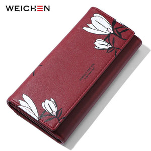WEICHEN Flower Print Long Wallet Women PU Leather Female Wallets