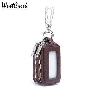 Carbon Fiber Textured Leather Key Holder Double Zipper Keychain Wallet