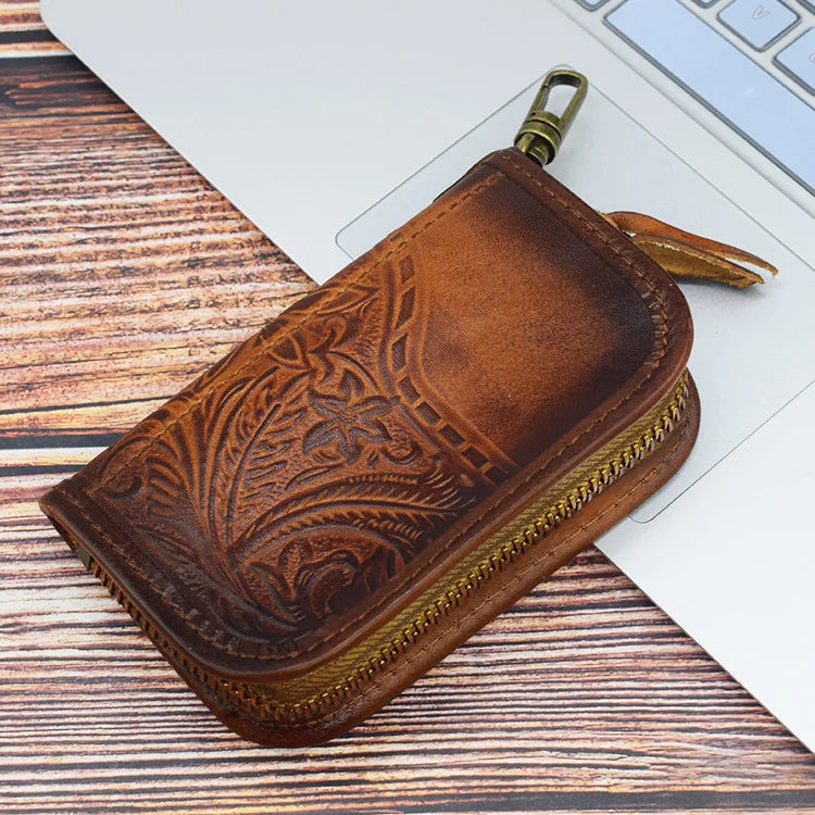 Leather Retro Key Wallets Zipper Car Key Coins Organizer Case