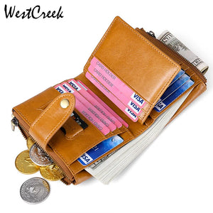 Men Double Zipper Wallets Retro Oil Wax Leather Purse