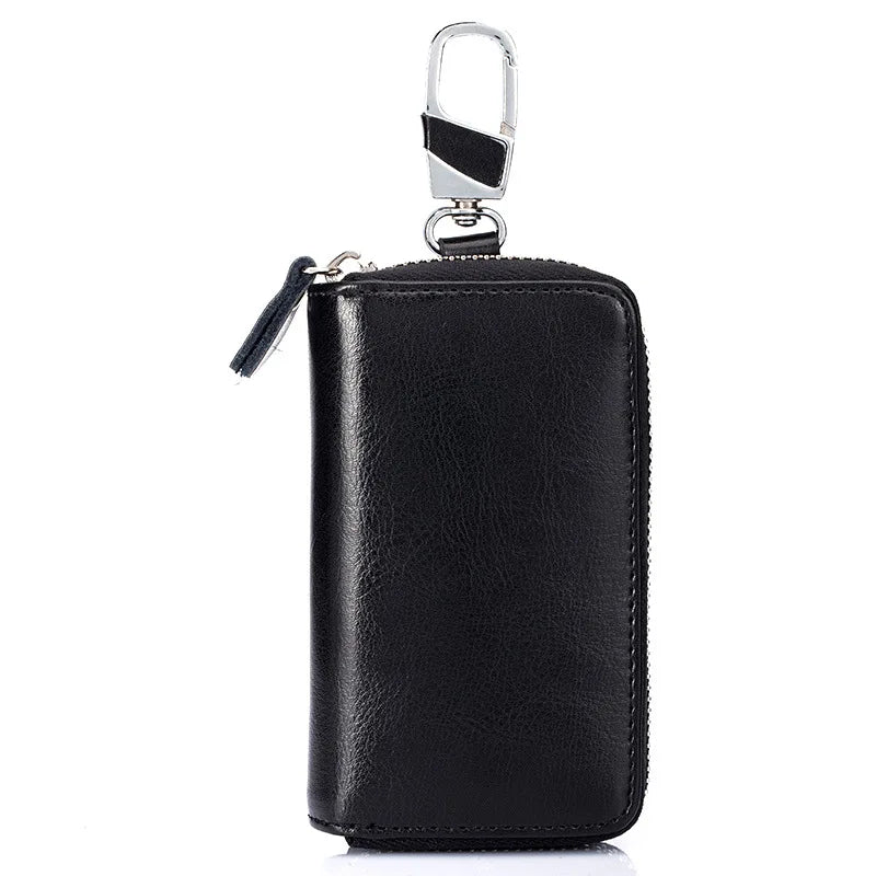 Oil Wax Leather Car Key Smart Wallet Zipper Key Holder Organizer