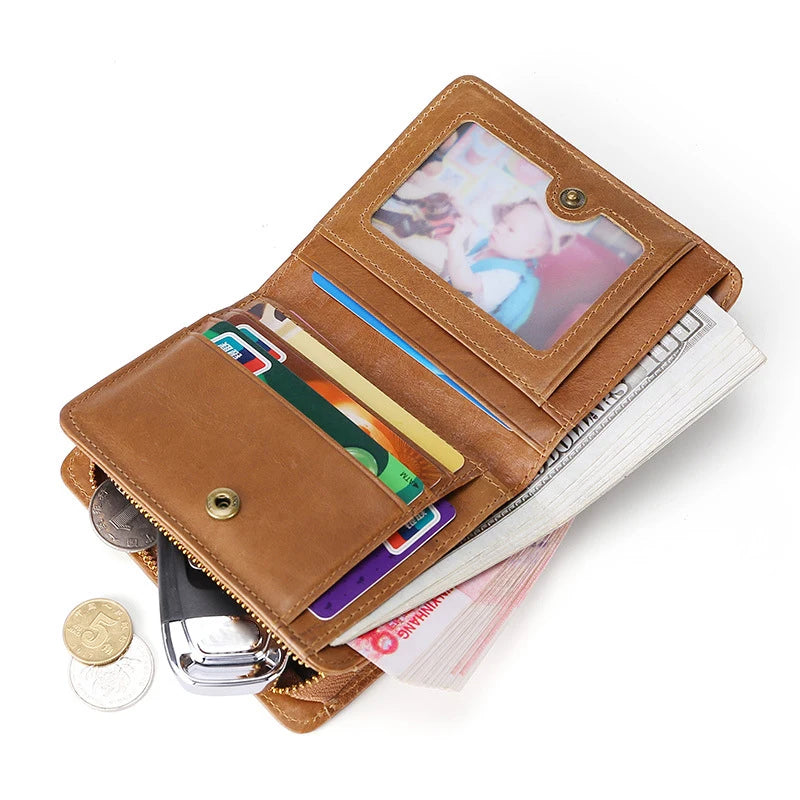 RFID Blocking Leather Men Short Wallets Vintage Oil Wax Leather Men Coin Zipper