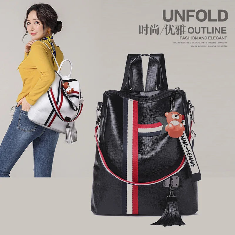 Women's Zipper Backpack PU Leather School Bag Crossbody Shoulder Bag