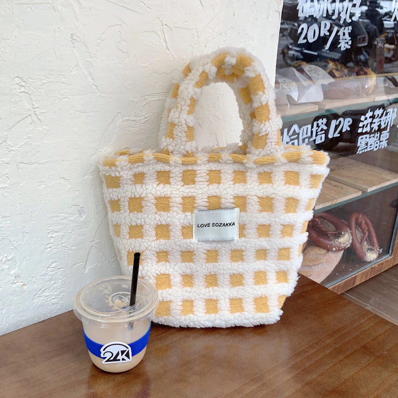 Soft Waffle Plaid Tote Bag Lambswool Shoulder Bag For Women