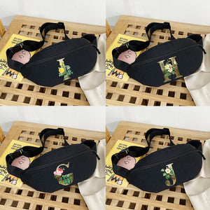 Canvas Fanny Pack Multifunctional Waist Bag Letter Golden Flower Print