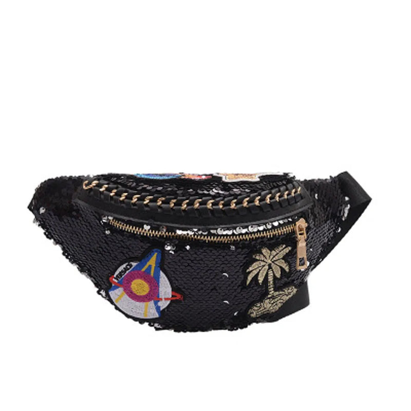 Glitter Sequin Waist Bag Female Belt Pu Waterproof Chest Handbag Fanny Pack