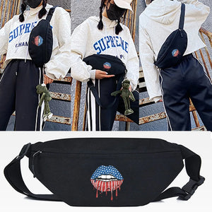 Flag Lip Print Chest Pack Large Phone Bag Pouch Women Canvas Travel Fanny Bag