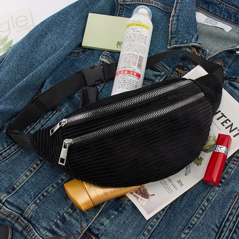 Corduroy Waist Belt Bag for Women Ladies Shoulder Bag Money Pack Bum Belt Bags