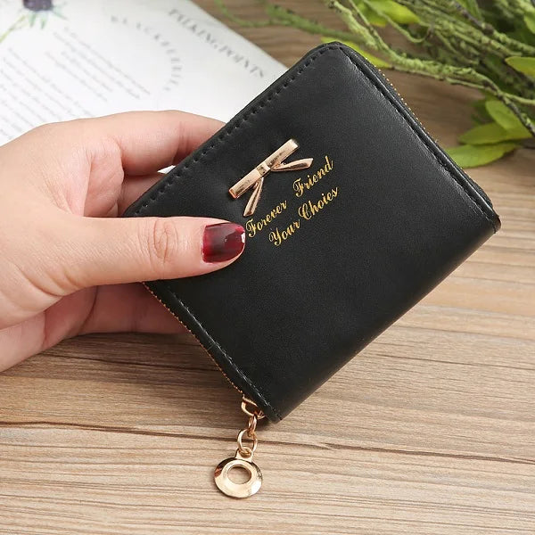Bow Women's Small Leather Wallets Zipper Purses Clutch