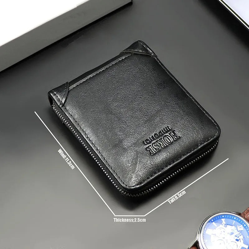 Men's Short Vintage Leather Wallet with Zipper Coins Bag
