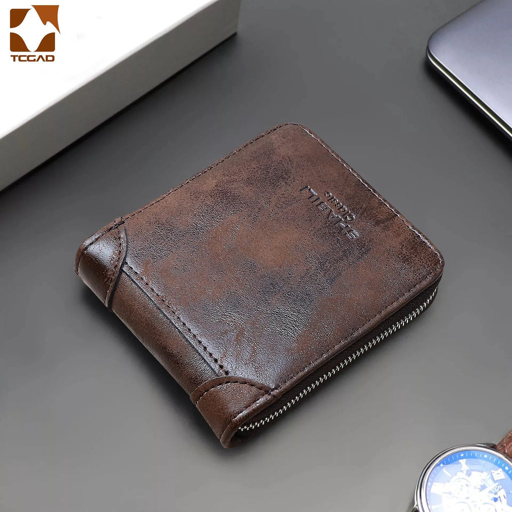 Men's Short Vintage Leather Wallet with Zipper Coins Bag