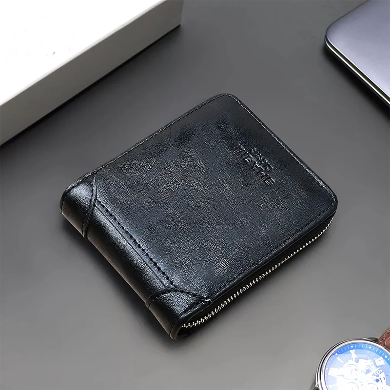 Men's Short Vintage Leather Wallet with Zipper Coins Bag