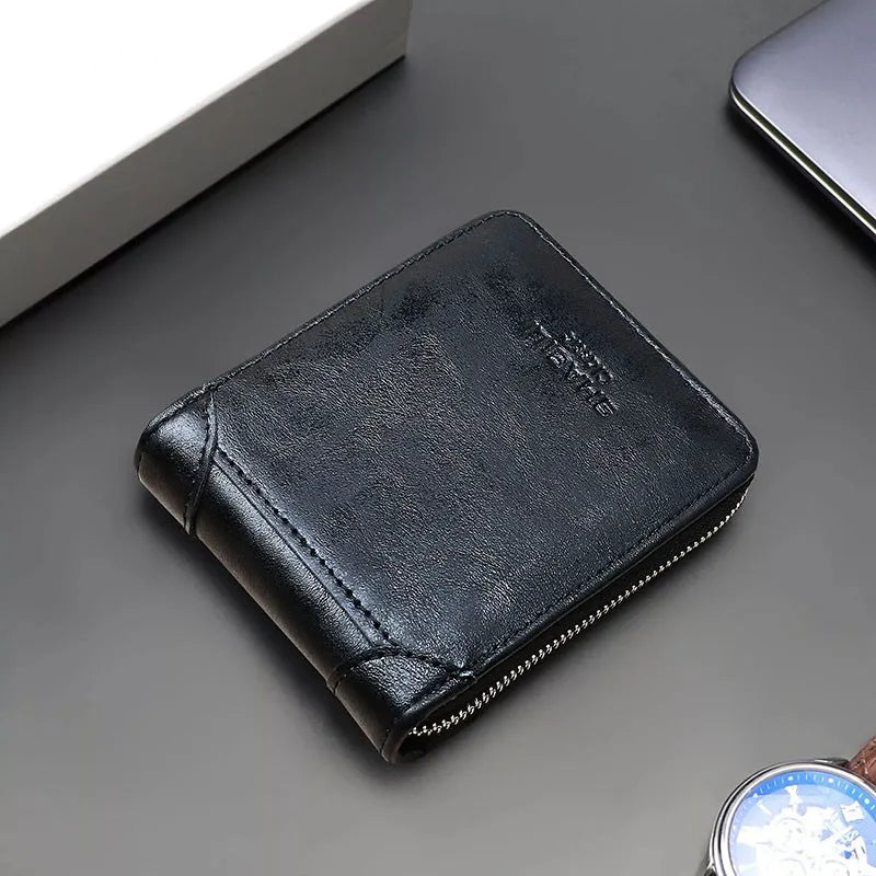 Men's Short Vintage Leather Wallet with Zipper Coins Bag