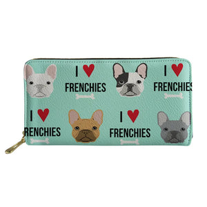 French Bulldog Long Leather Wallet Women's Zipper Purse