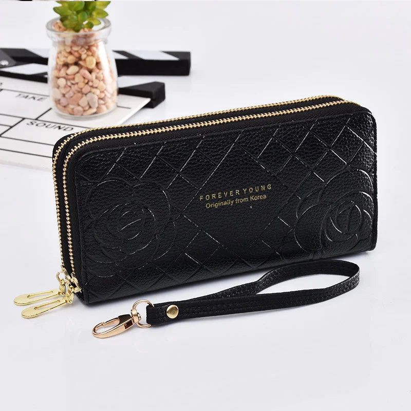 Women's Long Wallet with Wrist Strap, Double Zipper