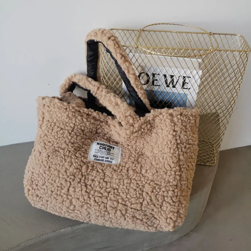 Cozy Lambswool Tote Women Shoulder Bag for Winter