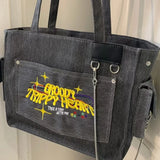 Canvas Embroidered Letters Vintage Tote Shoulder Bag