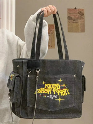 Vintage Canvas Tote with Embroidered Letters