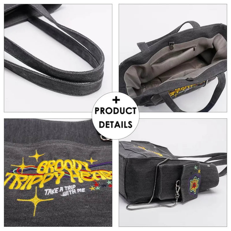 Canvas Embroidered Letters Vintage Tote Shoulder Bag