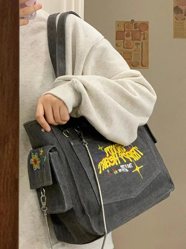 Vintage Canvas Tote with Embroidered Letters