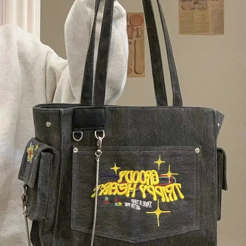 Canvas Embroidered Letters Vintage Tote Shoulder Bag