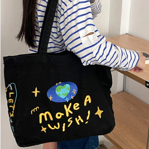 Vintage Embroidered Letters Tote Shoulder Bag