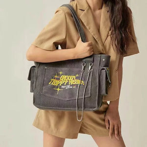 Canvas Embroidered Letters Vintage Tote Shoulder Bag