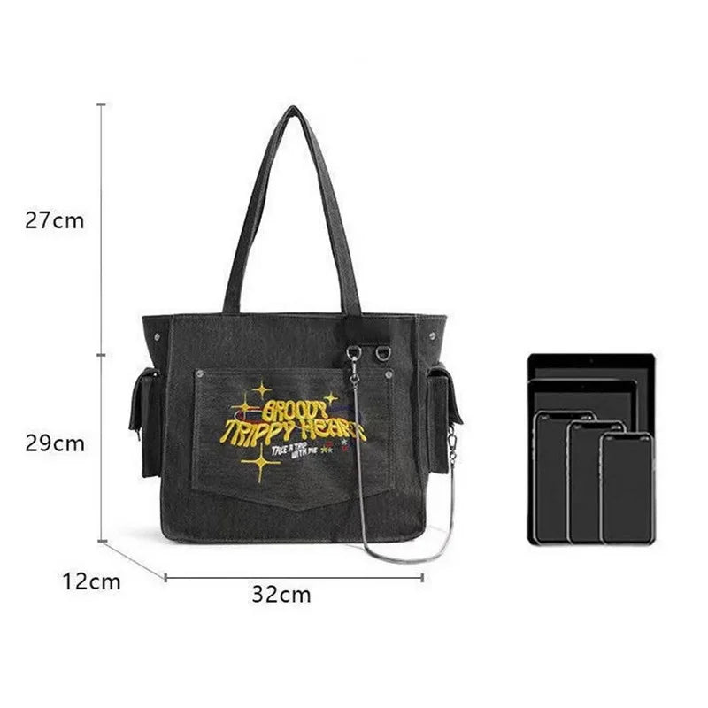 Canvas Embroidered Letters Vintage Tote Shoulder Bag