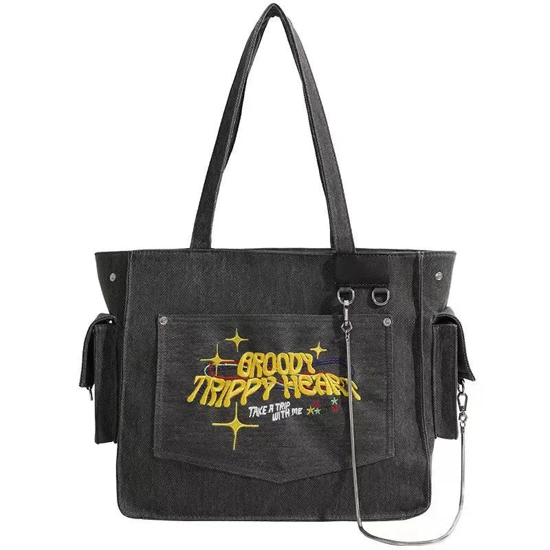 Embroidered Letters Shoulder Bag Large Capacity Shopper Tote