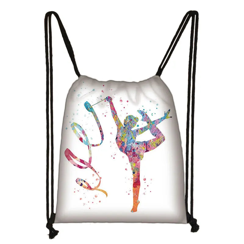 Watercolor Gymnastics Art Print Drawstring Backpack Women Girls Daypack
