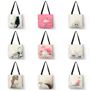 Floral Cat Print Tote Bag Watercolor Hand Painted Shoulder Bag