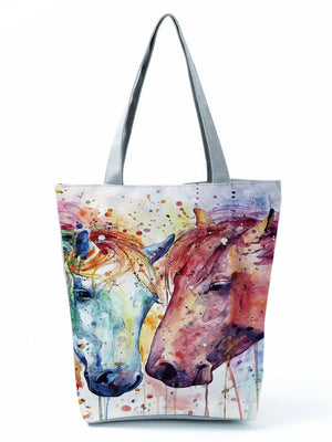 Watercolor Horse Print Shopping Bag Tote Folding Reusable