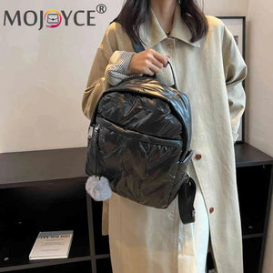Waterproof Quilted Backpack Solid Women School Bags Zipper Pompom Ball