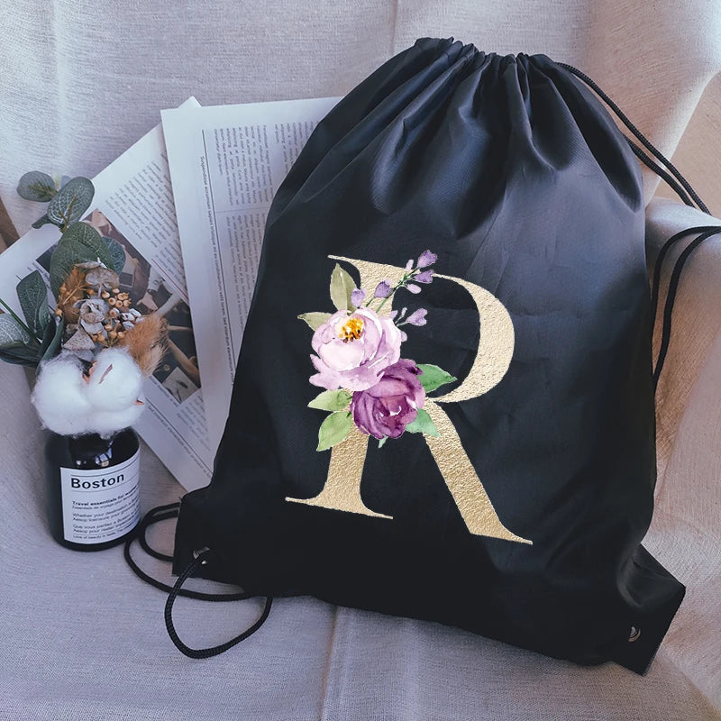 Waterproof Foldable Drawstring Bag Golden Letter Print Backpack