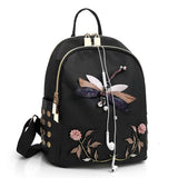 Dragonfly Flower Embroidered Backpack Waterproof School Bag
