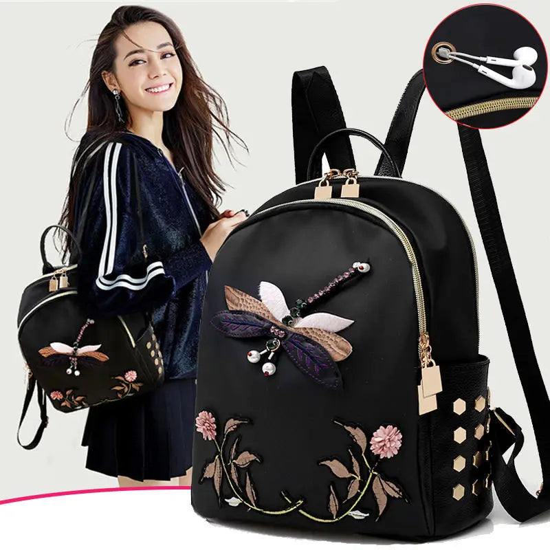 Dragonfly Flower Embroidered Backpack Waterproof School Bag