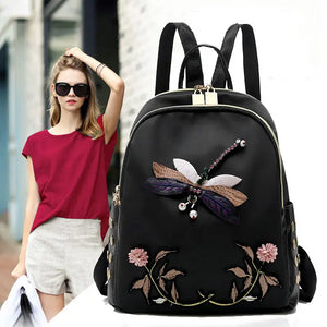 Dragonfly Flower Embroidered Backpack Waterproof School Bag