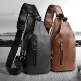 Waterproof PU Leather Chest Bag Outdoor USB Charging