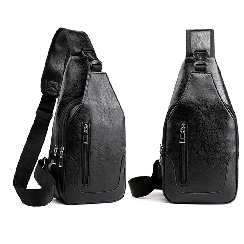Waterproof PU Leather Chest Bag Outdoor USB Charging