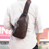 Waterproof PU Leather Chest Bag Outdoor USB Charging