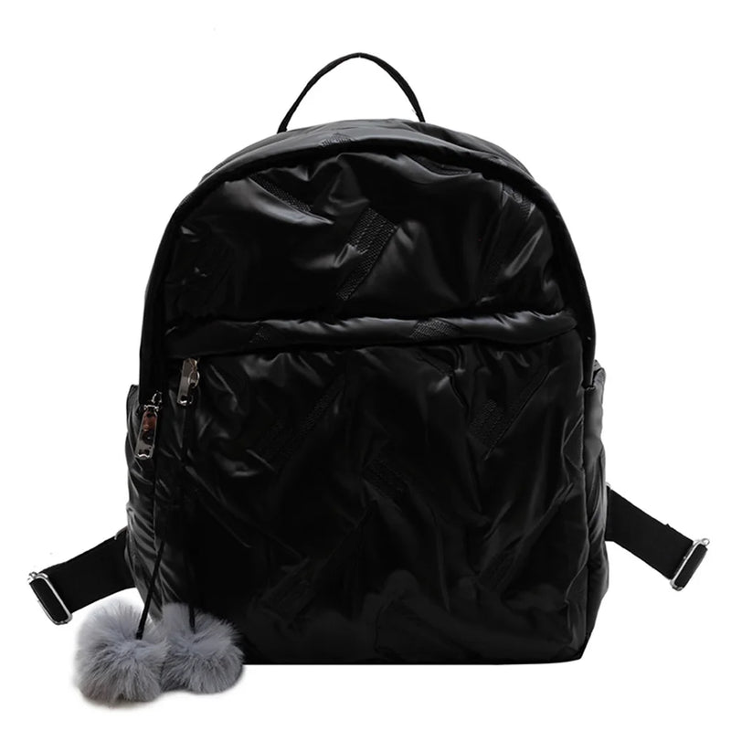 Waterproof Padded Women Student School Backpack Quilted Casual Pompom Ball