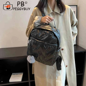 Waterproof Student School Bags Solid Quilted Backpack with Pompom Ball