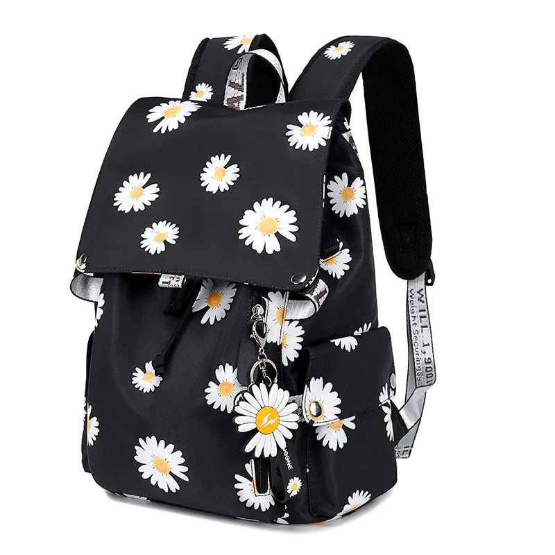 Waterproof USB Charging Women Nylon School Bags For Teenager Girls Flowers Print